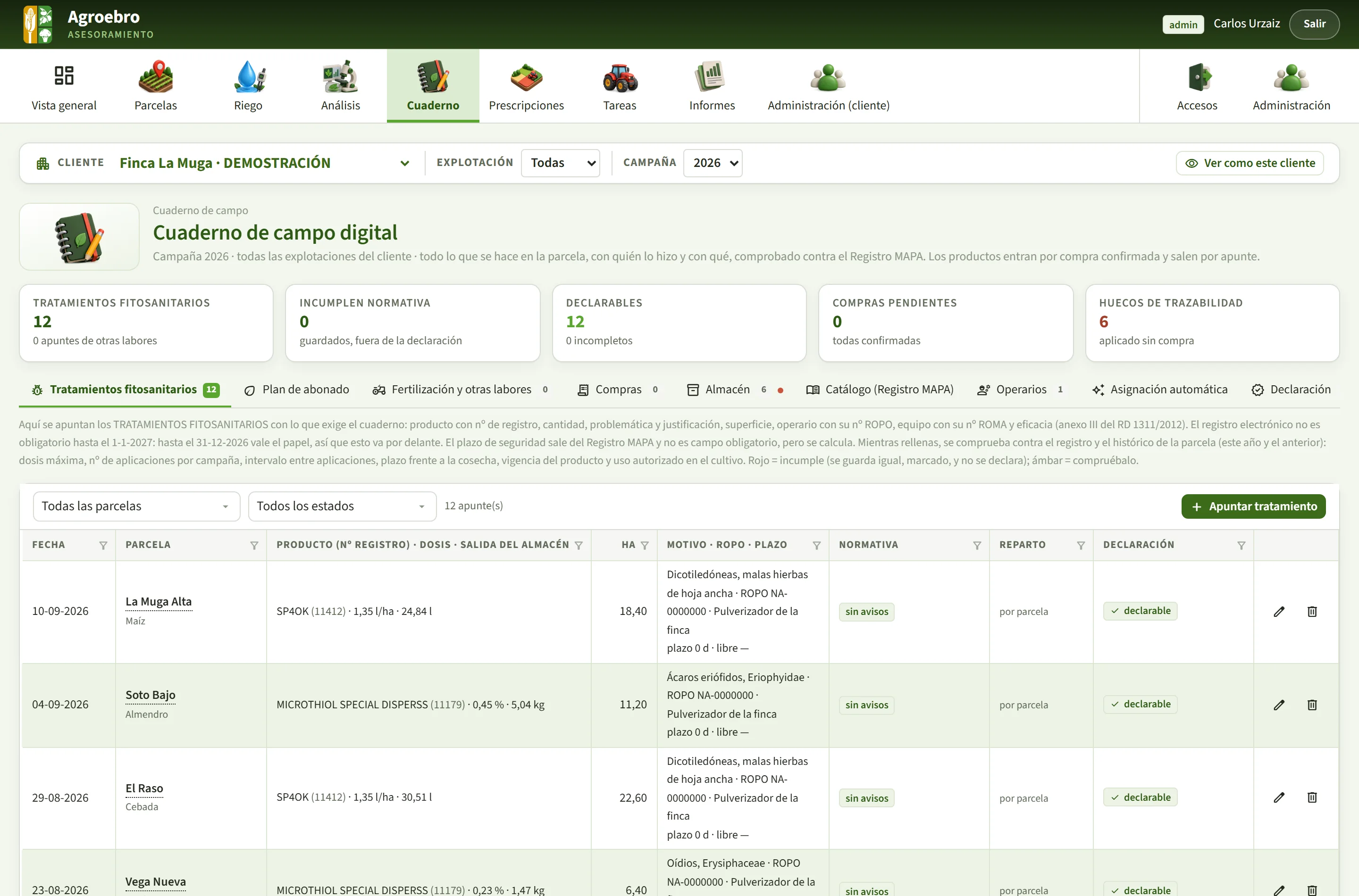 Cuaderno de campo digital: los tratamientos fitosanitarios con su producto del Registro del MAPA, dosis, operario y plazo de seguridad